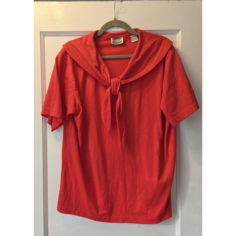 Vintage 80's Seperate Issue Red Knit V-Neck Sailor Tie Short Sleeve T-Shirt. L
